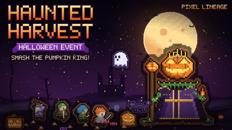 Official Pixel Lineage Halloween event art: Haunted Harvest — smash the Pumpkin King