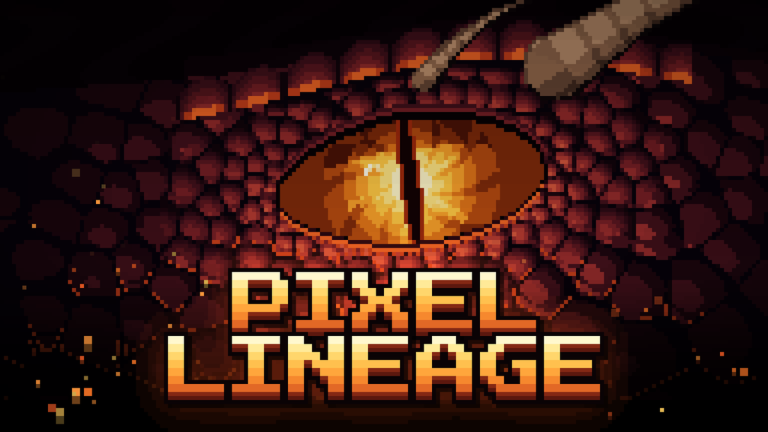 Pixel Lineage title art: a glowing reptilian eye over the game logo